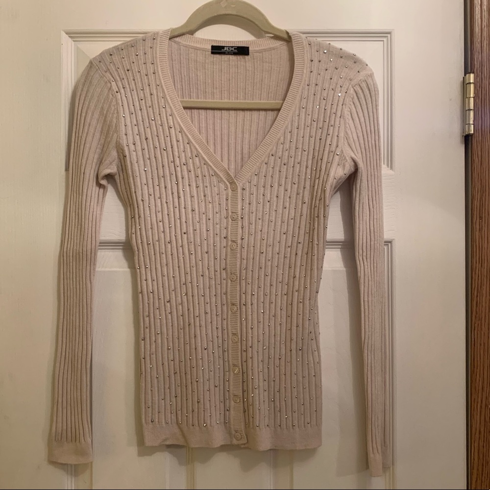 JDC Milano button up rib sweater with rhinestones